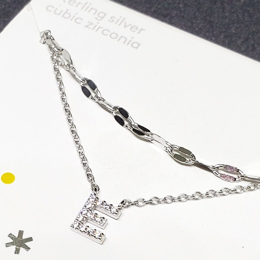 Nordstrom Rack Sterling Silver CZ "E" Initial Double Chain Necklace